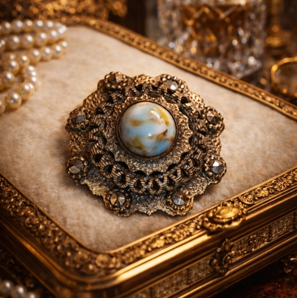 Antique Jewelry - Rare 1930s Art Deco Dress Clip – Marbled Glass Cabochon & Marcasite – Filigree